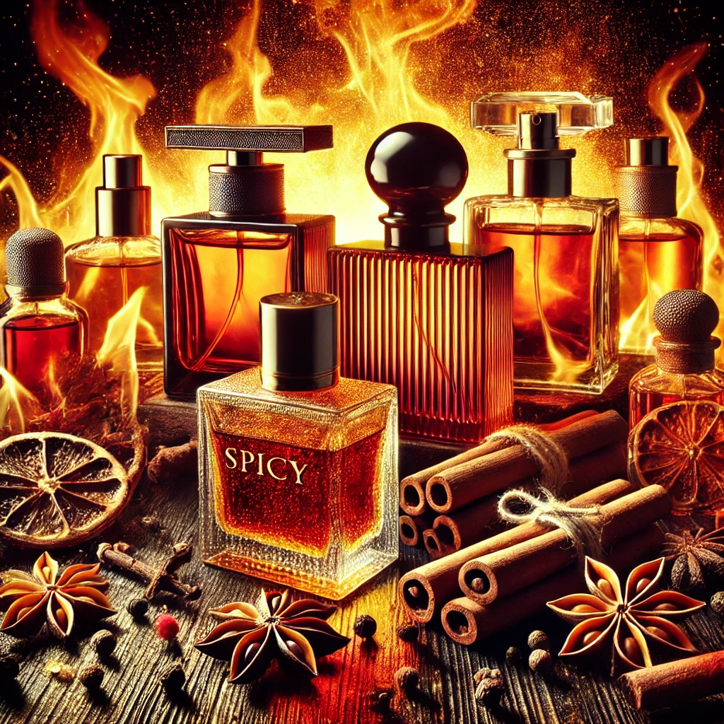 A bold and intense scene featuring spicy perfumes, with bottles designed to reflect the heat and exotic nature of spicy fragrances, surrounded by spic title=