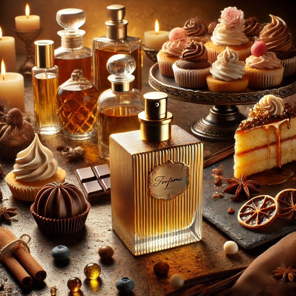A luxurious scene featuring gourmand perfumes, with bottles designed to reflect rich and indulgent scents like vanilla, chocolate, and caramel, surrou title=