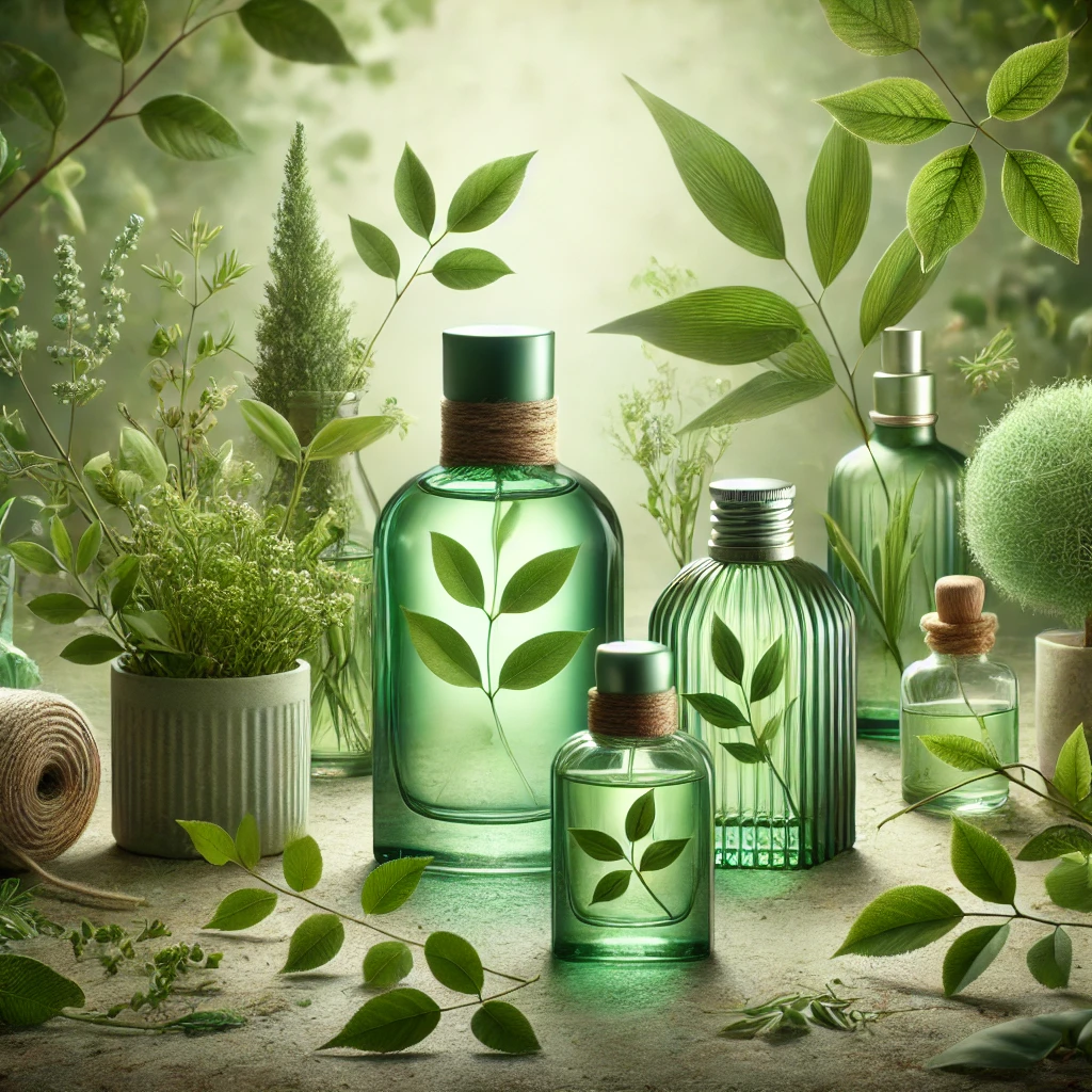 A natural and fresh scene featuring green perfumes, with bottles designed to reflect the essence of nature, surrounded by leaves, grass, and trees, se title=