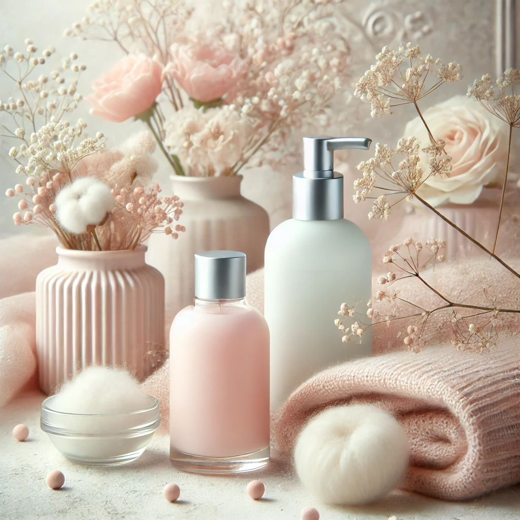 A soft and gentle scene featuring powdery scents, with bottles designed to reflect the delicate and comforting nature of powdery fragrances, set again title=
