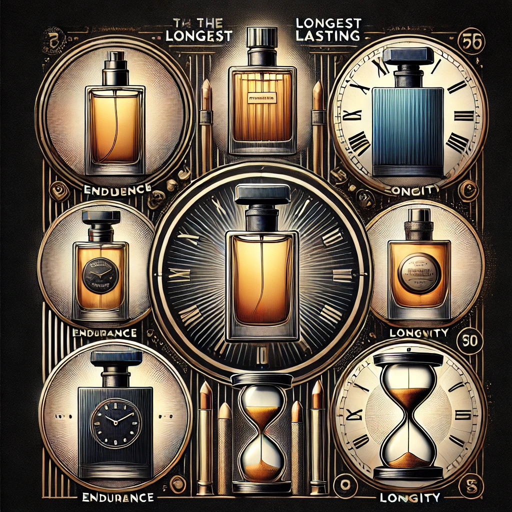 An image featuring 6 bottles of the longest-lasting perfumes, each designed to convey endurance and longevity, set against a strong and durable backgr title=